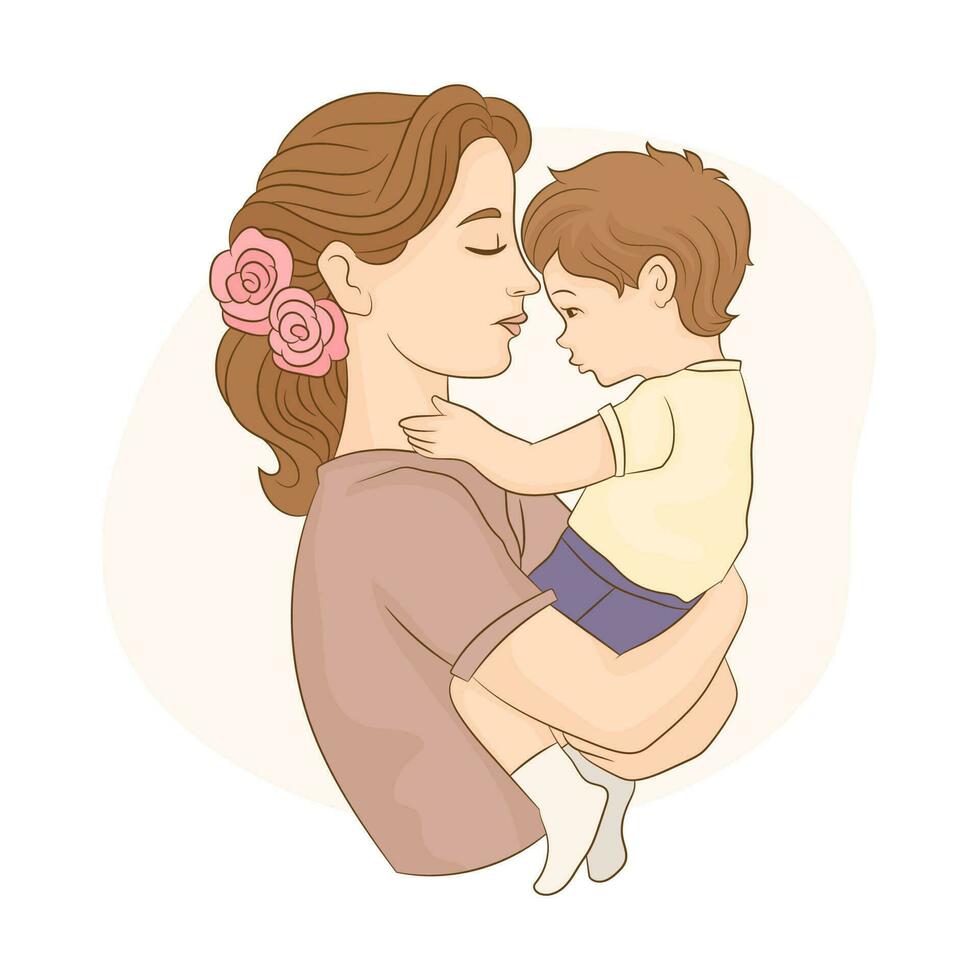 Mother Holding Baby Son In Arms. vector