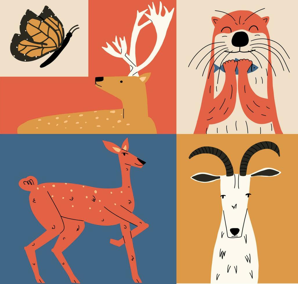 Set of various wild animals. Deer, roe deer, wild goat, otter. Vector illustration in hand drawn style