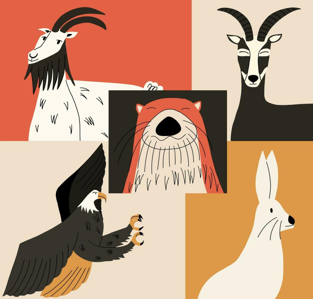 Wild animals set. Otter, hare, wild goats, bald eagle. Vector illustration