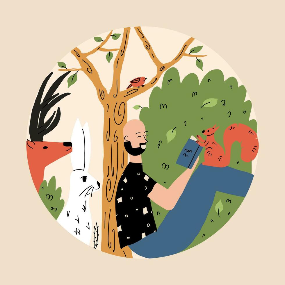 Restoration of natural habitats and wildlife. A man sits in a wild park and reads a book, surrounded by animals. Vector illustration