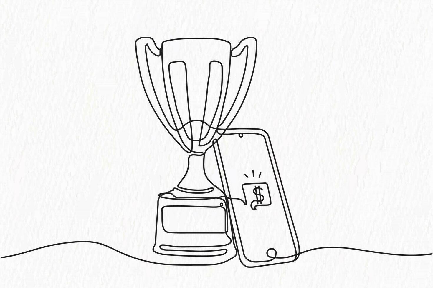 Trophy and mobile line drawing. Cash sign on mobile. one line art vector
