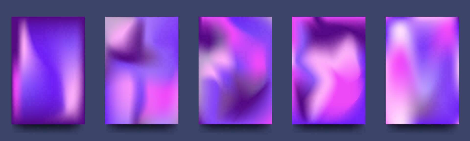 Set of abstract holographic minimal vector backgrounds. Poster collection with neon fluid, bright blurs. Vector illustration