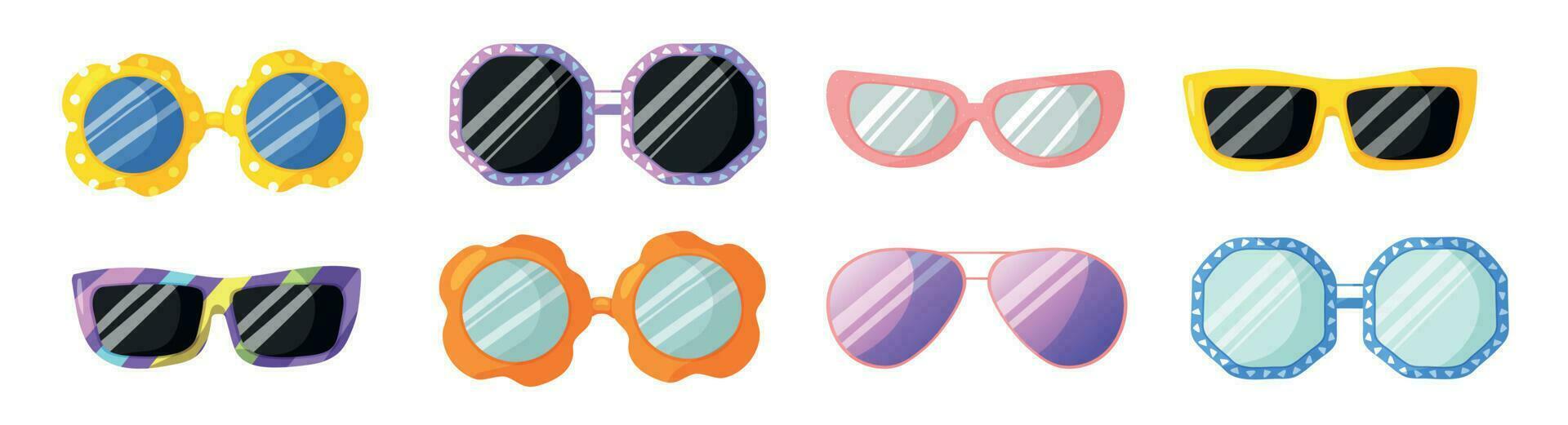 conjunto de de moda Gafas de sol diferente forma y color. colección de moderno y Clásico accesorios proteccion desde Brillo Solar aislado en blanco antecedentes vector