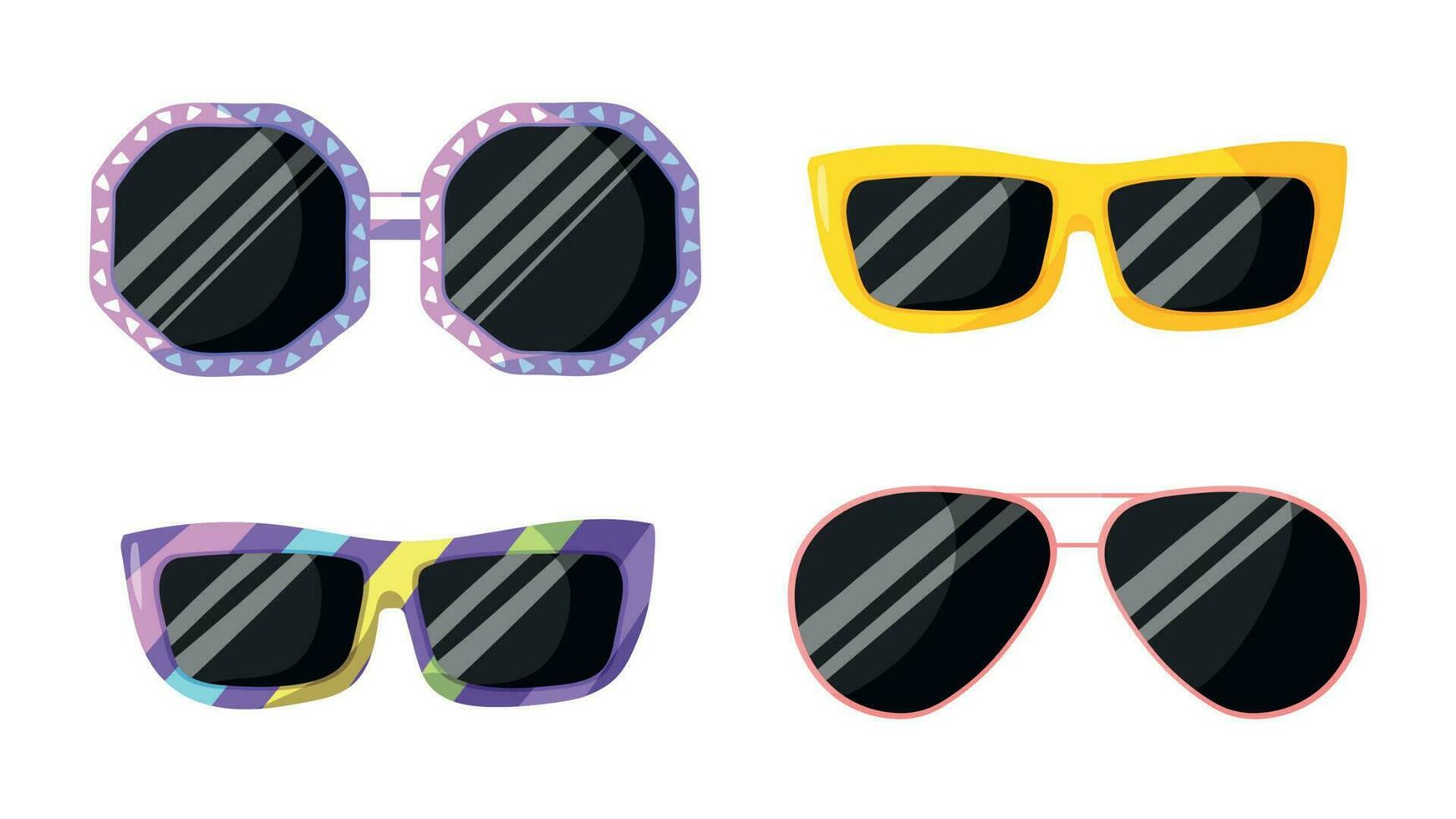 Set of fashionable sunglasses different shape and color. Collection of modern and vintage accessories protection from sunshine isolated on white background vector