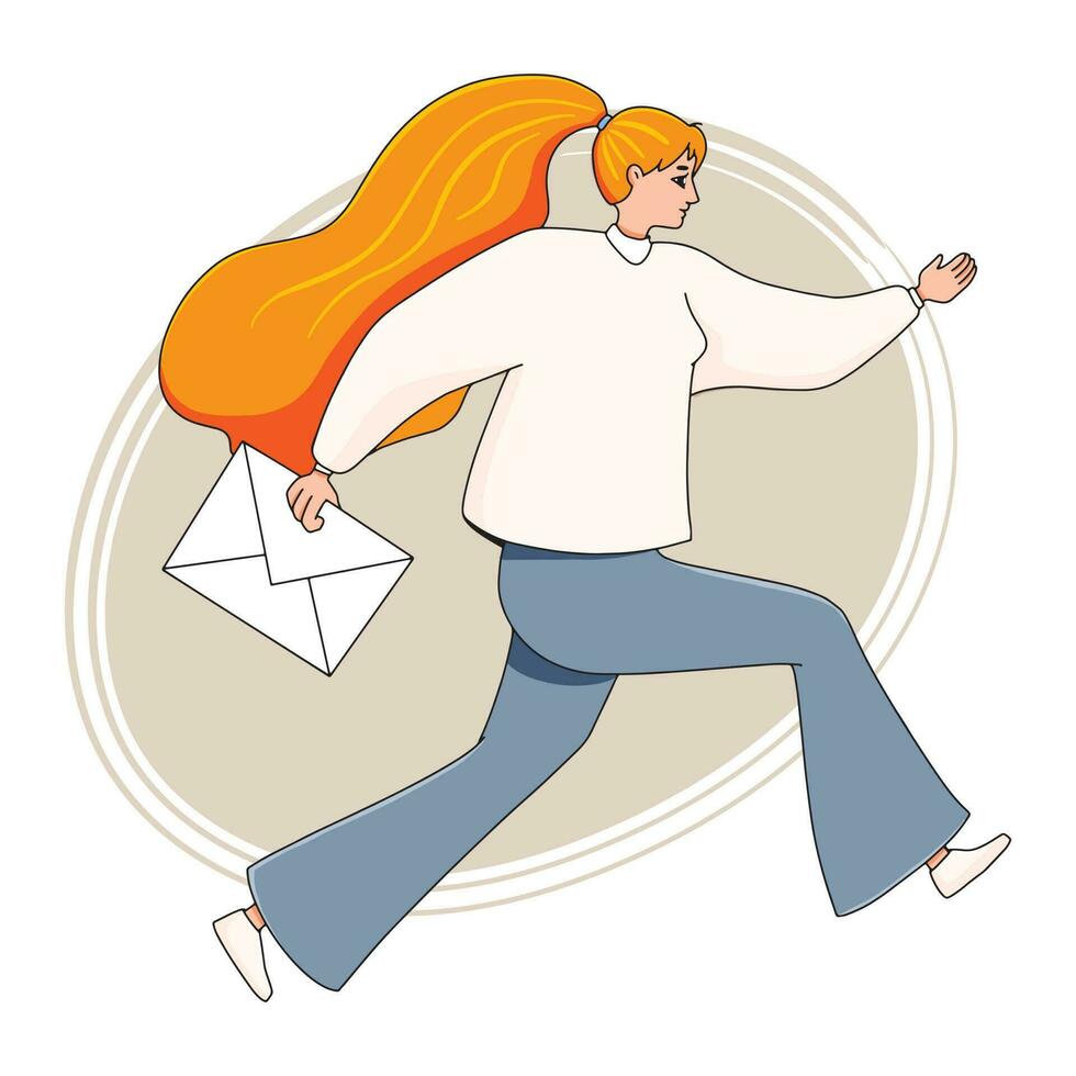 A young woman running with a letter in an envelope in her hands. Hand-drawn newsletter concept vector
