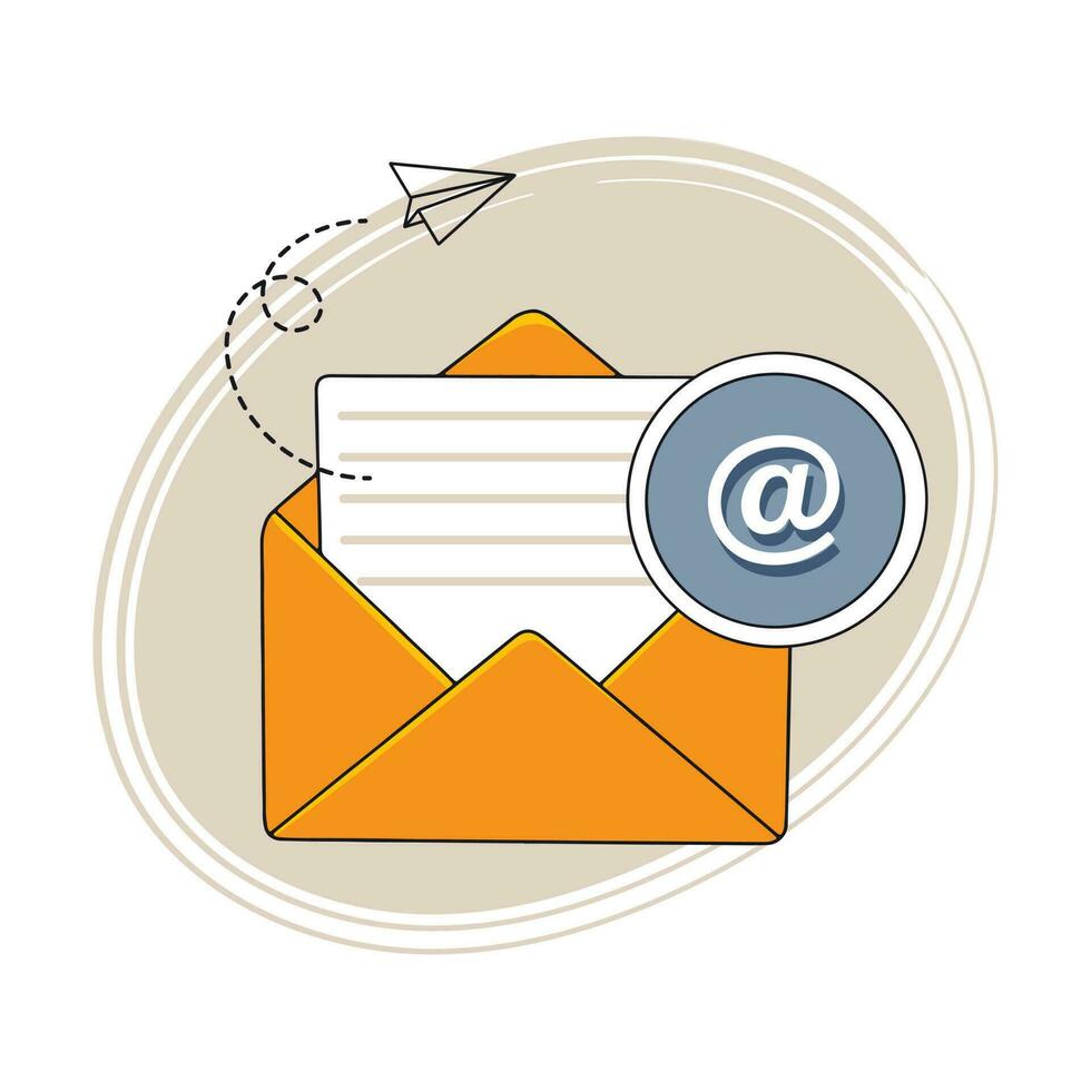 Concept Newsletter. An open envelope with a piece of paper and an email icon. vector