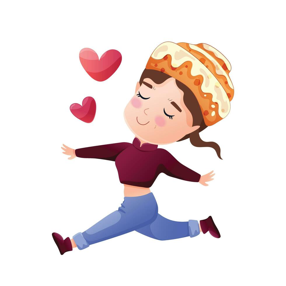 Cinnamon bun girl character jumping in love with hearts. Vector illustration of a female character with a cinnamon bun on her head, isolated on a white background.