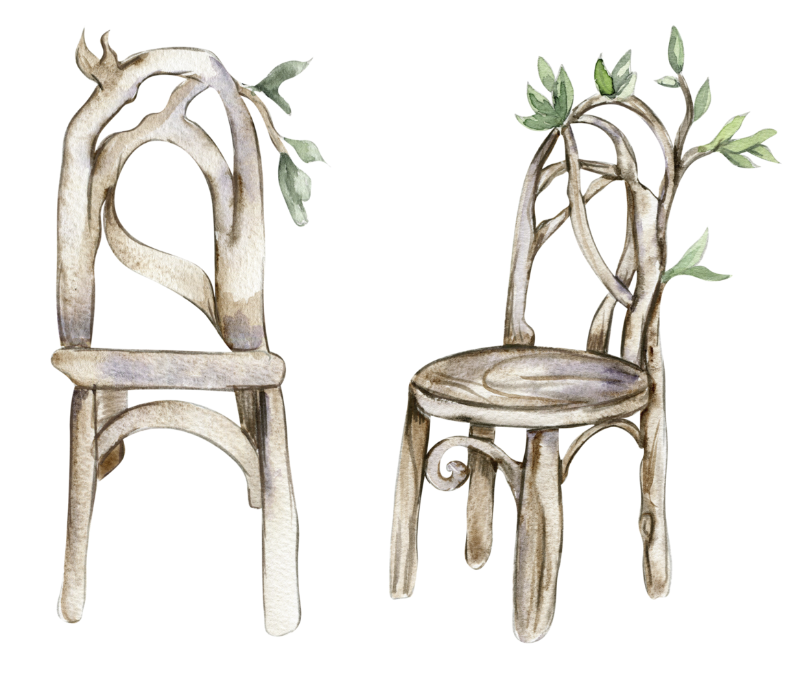 Wooden chairs for fairy. Watercolor hand drawn illustration . png