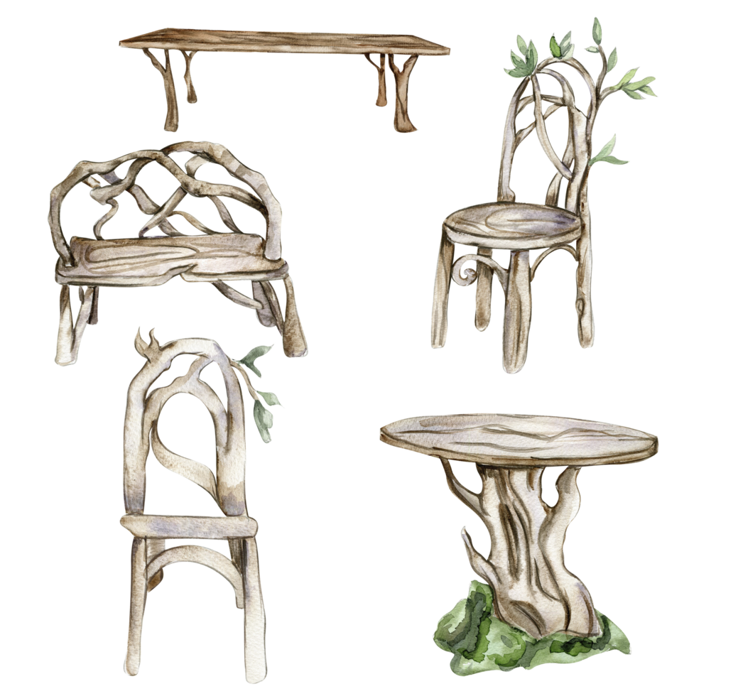 trä- tabell, bänk och stol för fe. vattenfärg hand dragen illustration . png