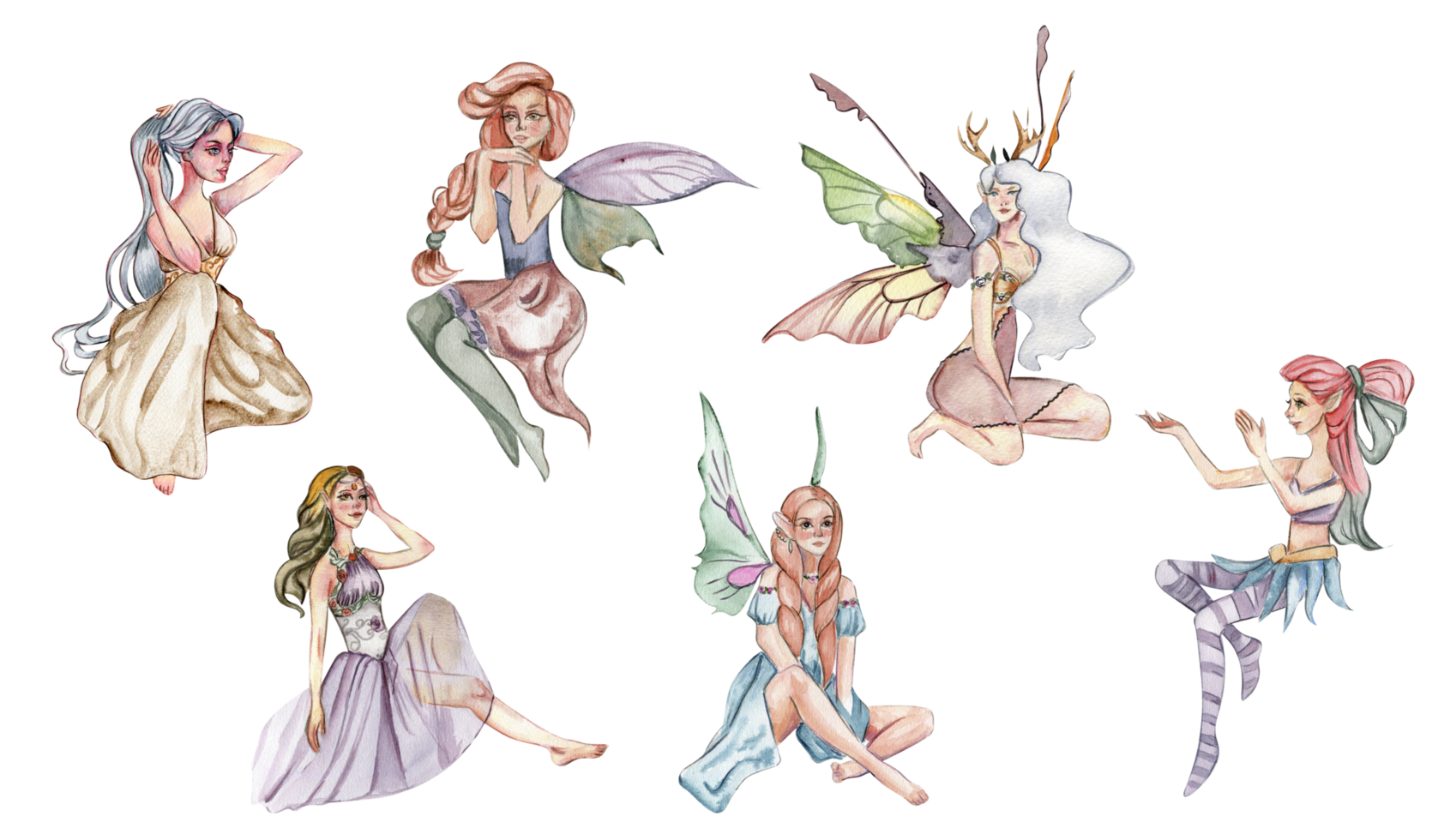 Forest fairy girl and elf with magic wings set. Watercolor hand drawn fairy tale illustration. png