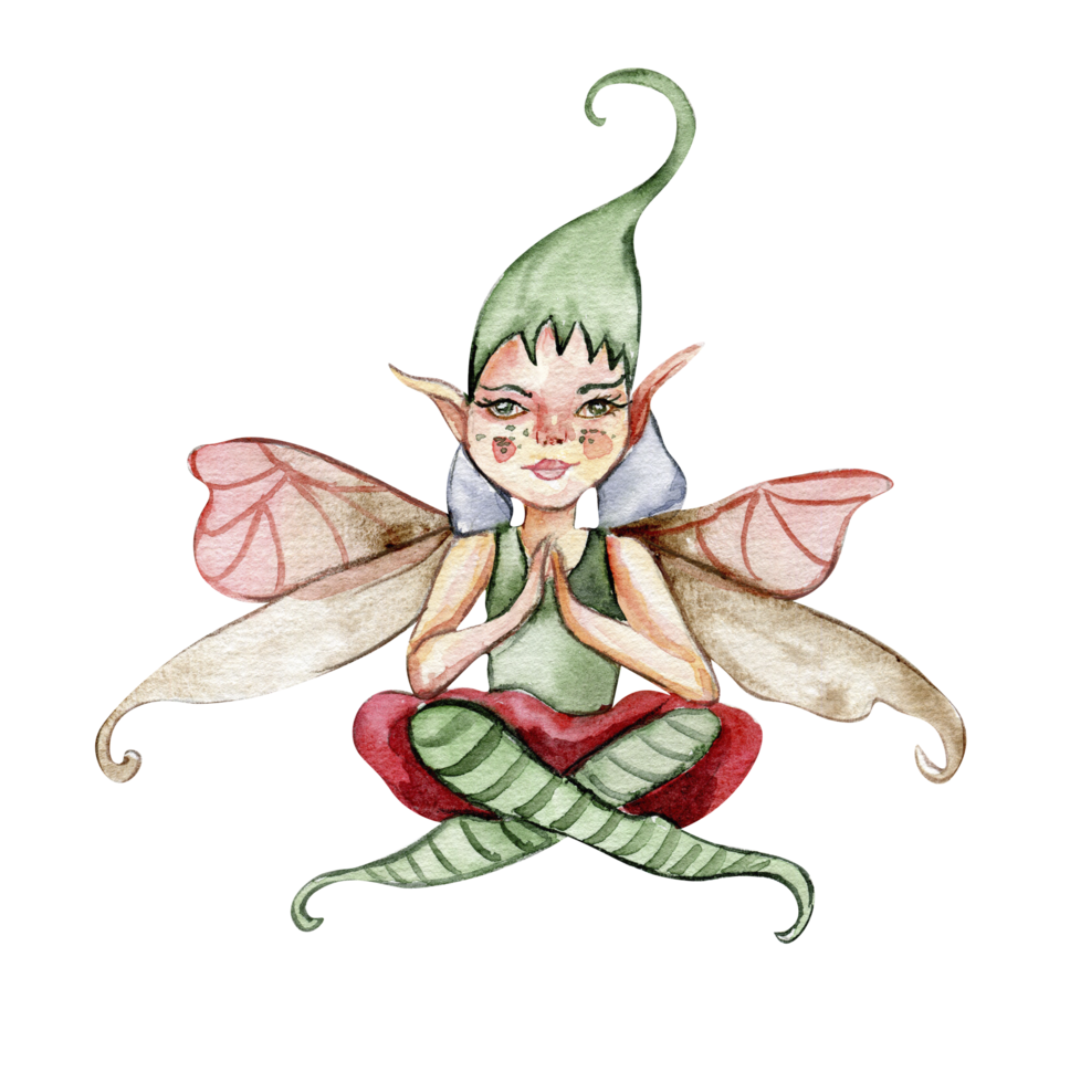 Forest elf with magic wings  . Watercolor hand drawn fairy tale illustration. png