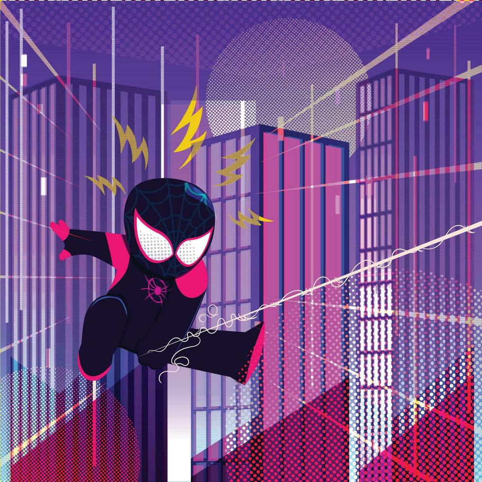 Chibi Superhero Swinging in the Buildings vector