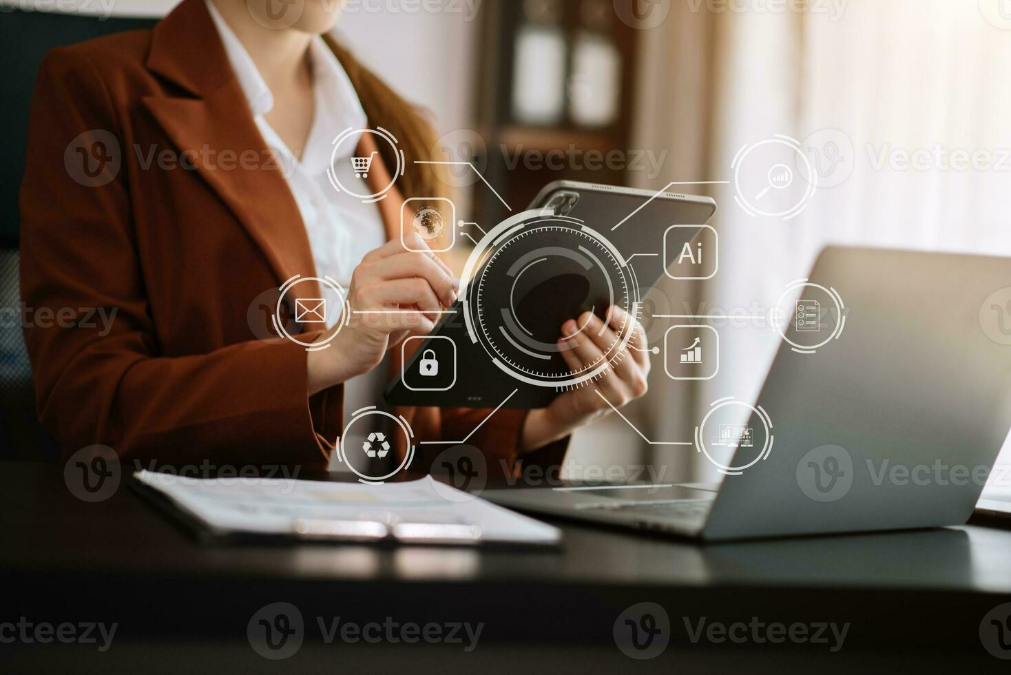 Digital marketing media in virtual screen.businesswoman hand working with mobile phone and modern compute with VR icon diagram at office photo