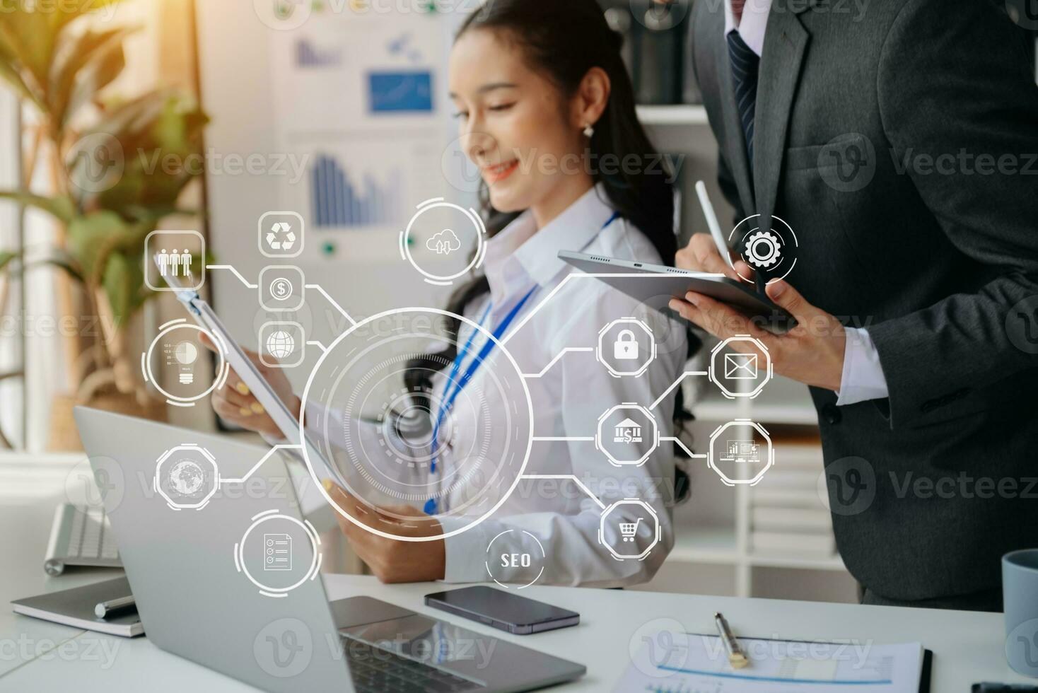 Business team partnership meeting concept. Business hand using laptop, tablet and smartphone  in office. Digital marketing media mobile app in virtual icon screen photo