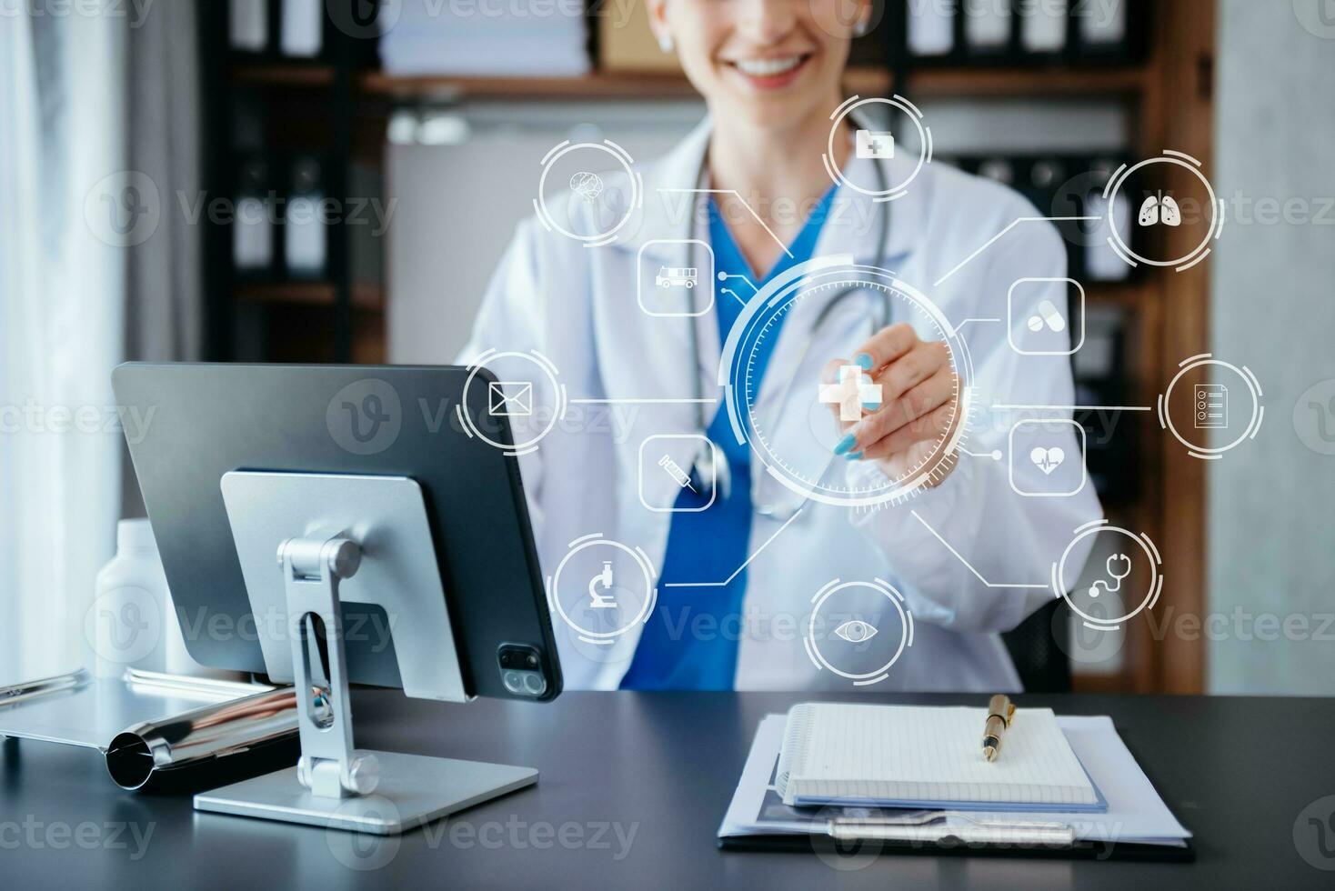 health care business graph data and growth, Medical examination and doctor analyzing medical report network connection on tablet screen. photo