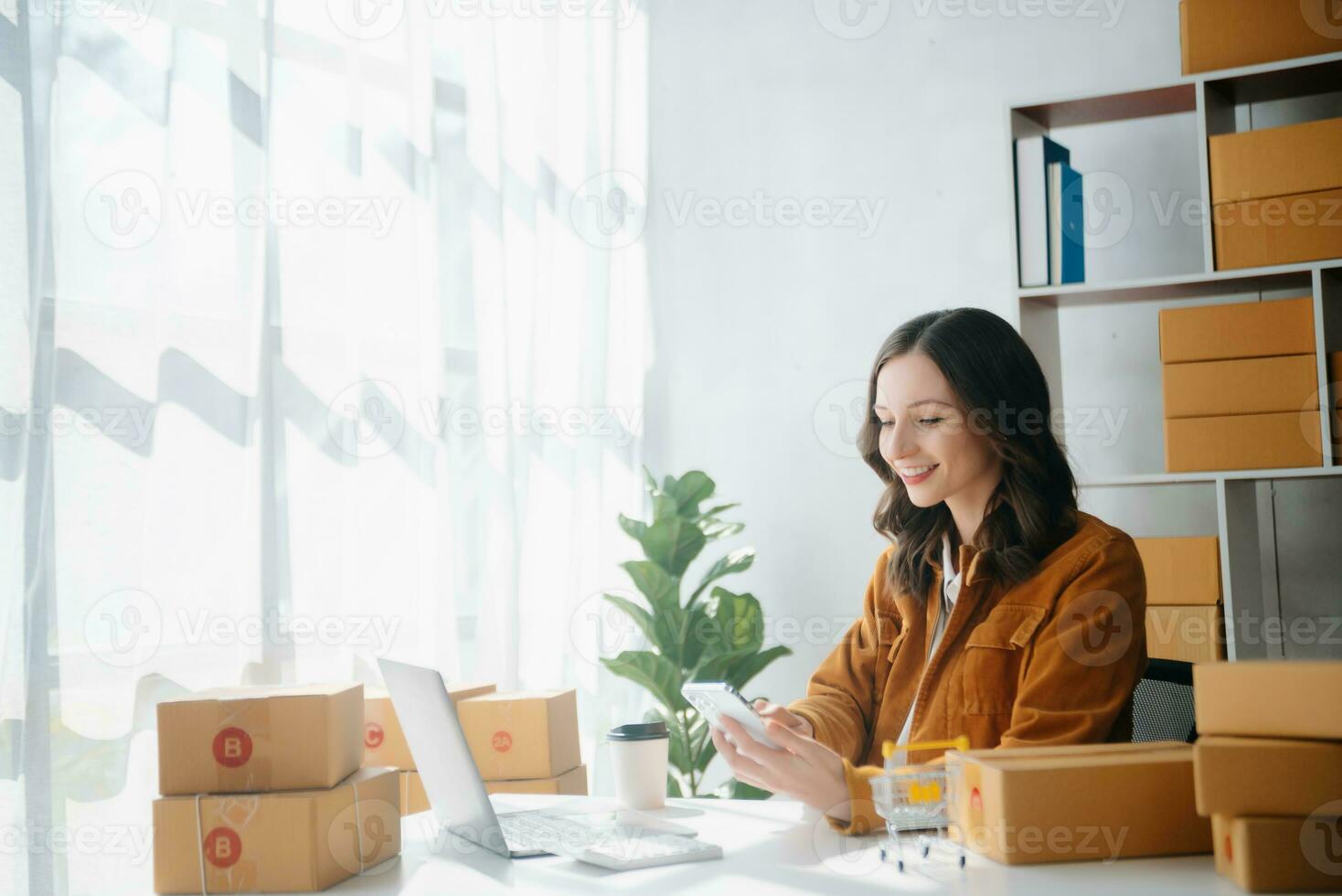Young business owner woman prepare parcel box and standing check online orders for deliver to customer on tablet, laptop Shopping Online concept. photo