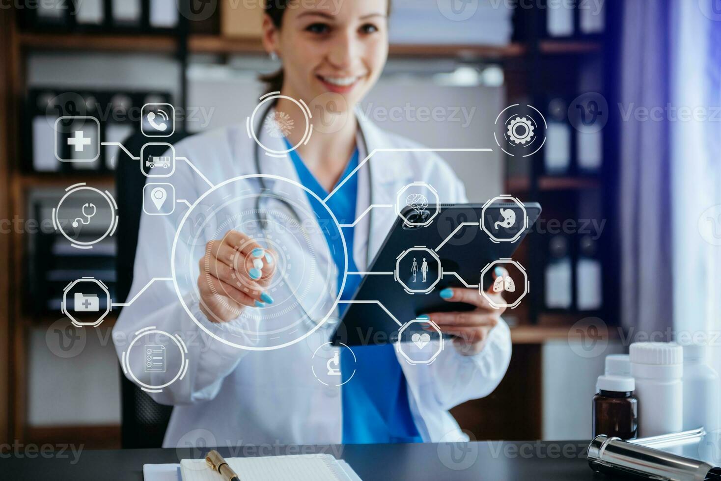 health care business graph data and growth, Medical examination and doctor analyzing medical report network connection on tablet screen. photo