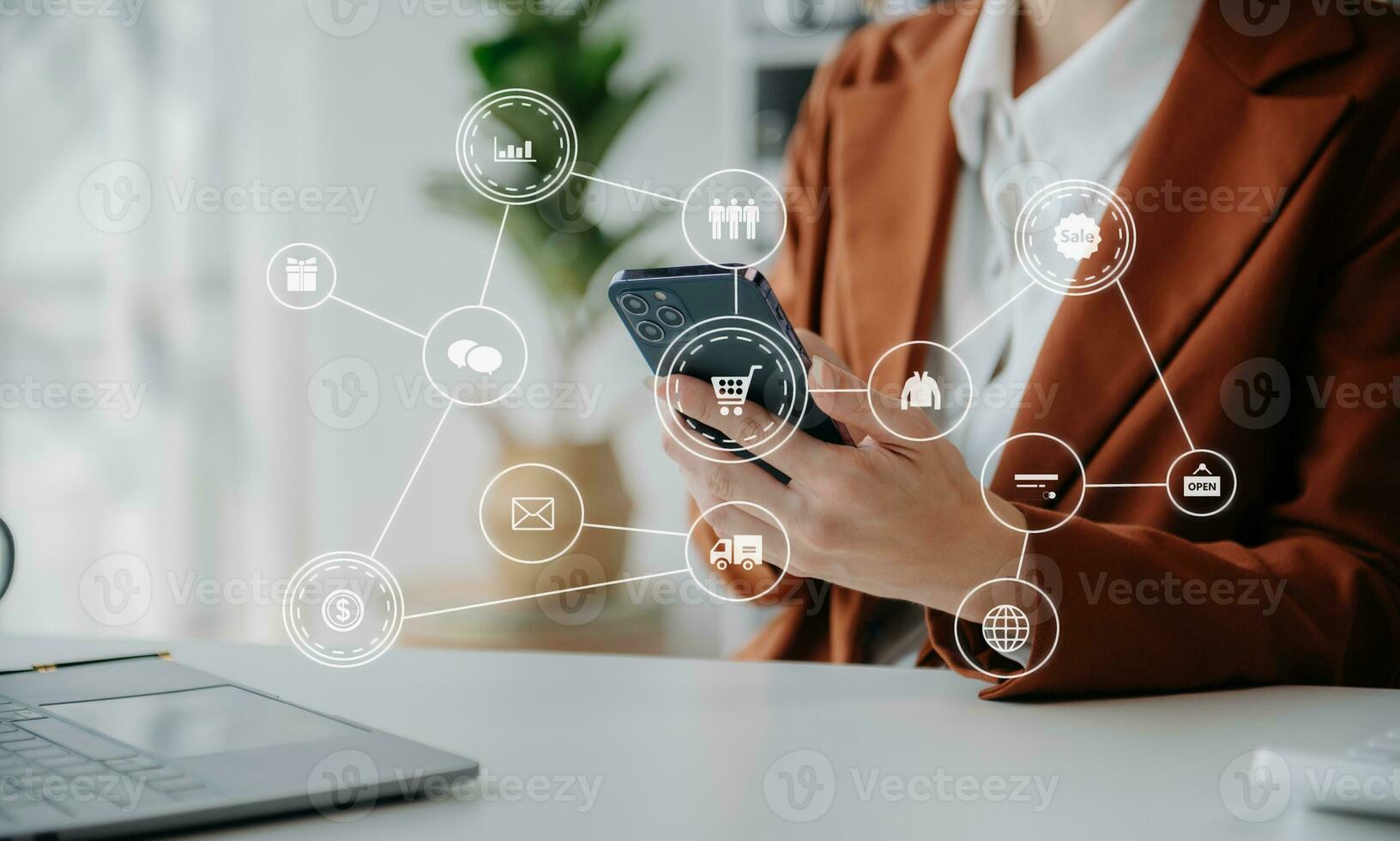Hand using tablet ,laptop, and holding mobile phone with credit card online banking payment communication network, internet application virtual icon photo