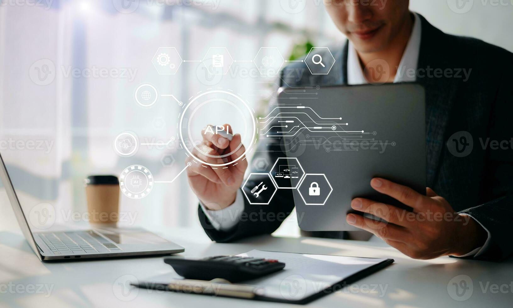 API Application Programming Interface, woman using laptop, tablet and smartphone with virtual screen API icon Software development tool, modern technology and networking concept. photo