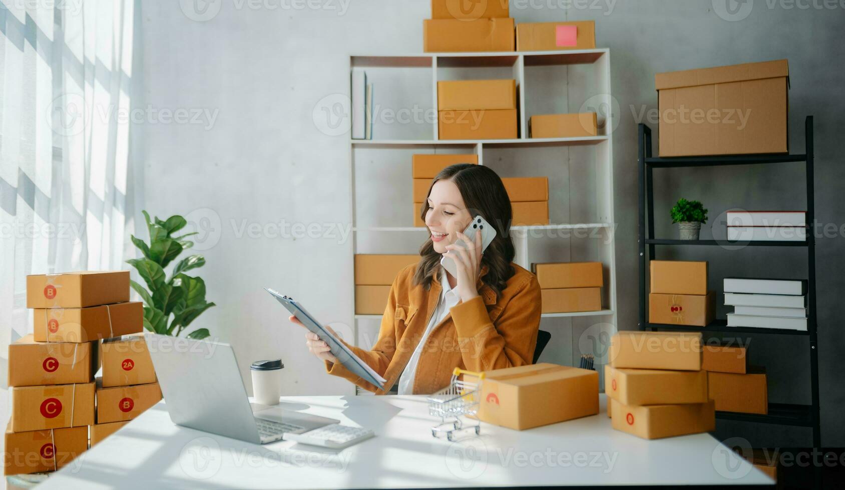 Young business owner woman prepare parcel box and standing check online orders for deliver to customer on tablet, laptop Shopping Online concept. photo