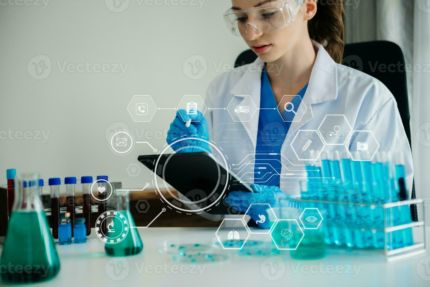 Dctor work on digital tablet healthcare doctor technology tablet using computer  in laboratory study with VR icon photo