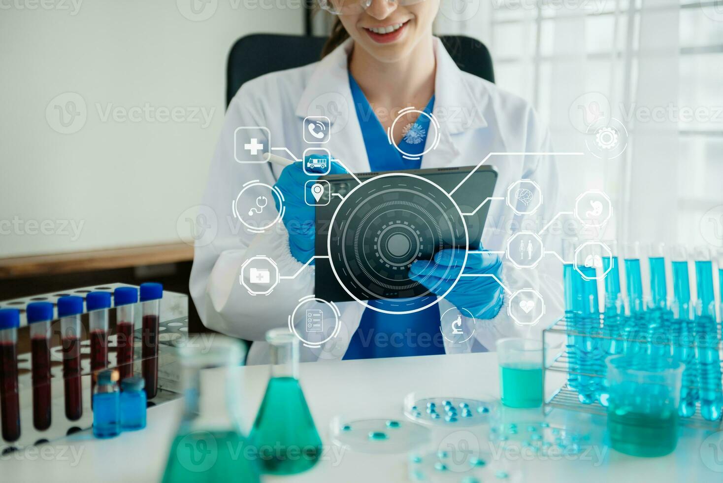 Dctor work on digital tablet healthcare doctor technology tablet using computer  in laboratory study with VR icon photo