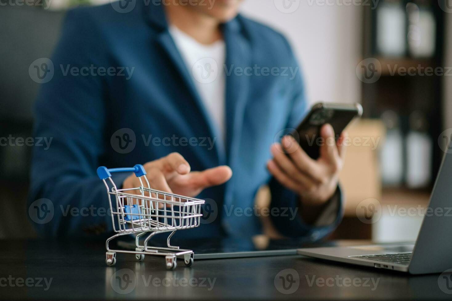 Cart Online Shopping concept. businesswoman hand using smart phone, tablet payments and holding credit card online shopping, omni channel, computer photo