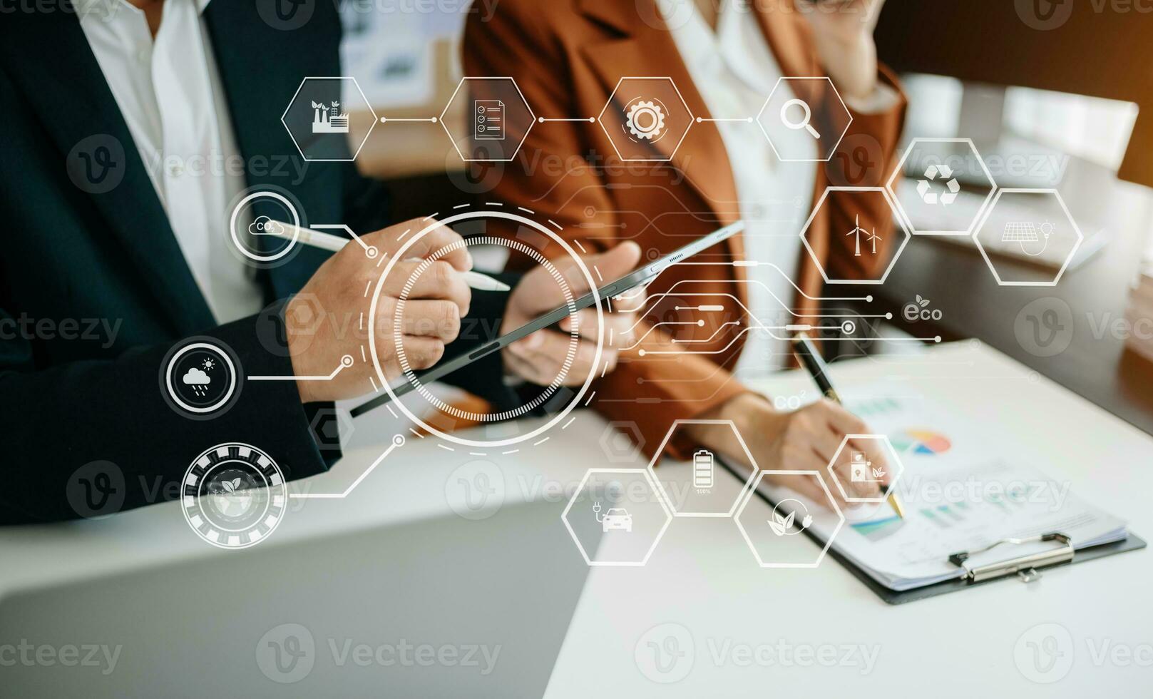 ESG concept of environmental, Green ethical business preserving resources, reducing CO2, Business person team working on laptop virtual smartphone to reduce CO2 emissions carbon photo