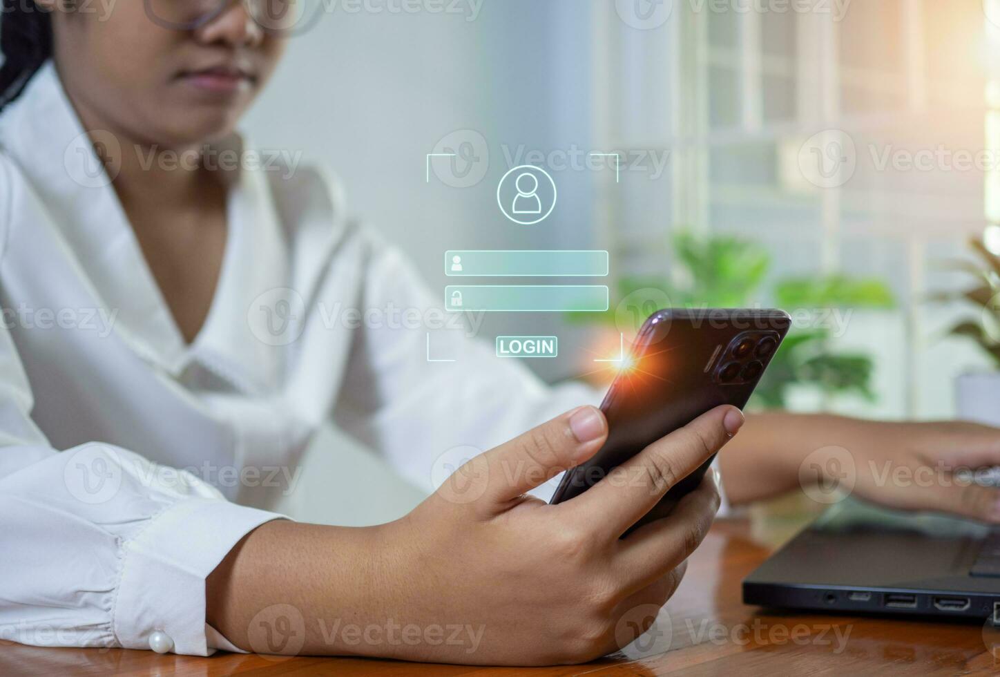 Human looking at phone screen with login screen. Represents code protection. The concept of protection against code, viruses, firmware and malware. photo