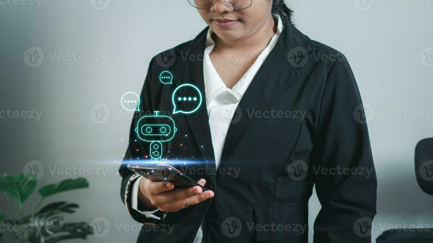Businesswoman hand uses a smartphone to type live chat, ask, answer with an artificial intelligence system. chat bot. Ai. photo