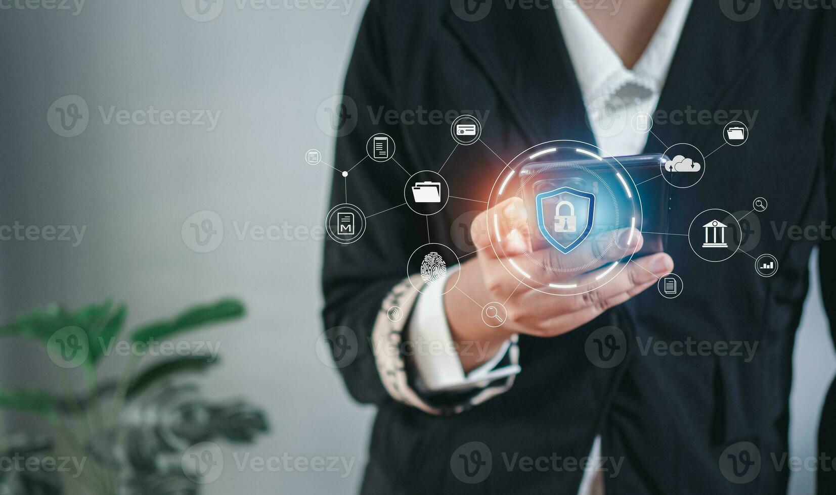 Businesswoman fingers are pressing on the phone screen. Represents protection against external hacks, code protection security concepts, viruses, firmware and malware. photo