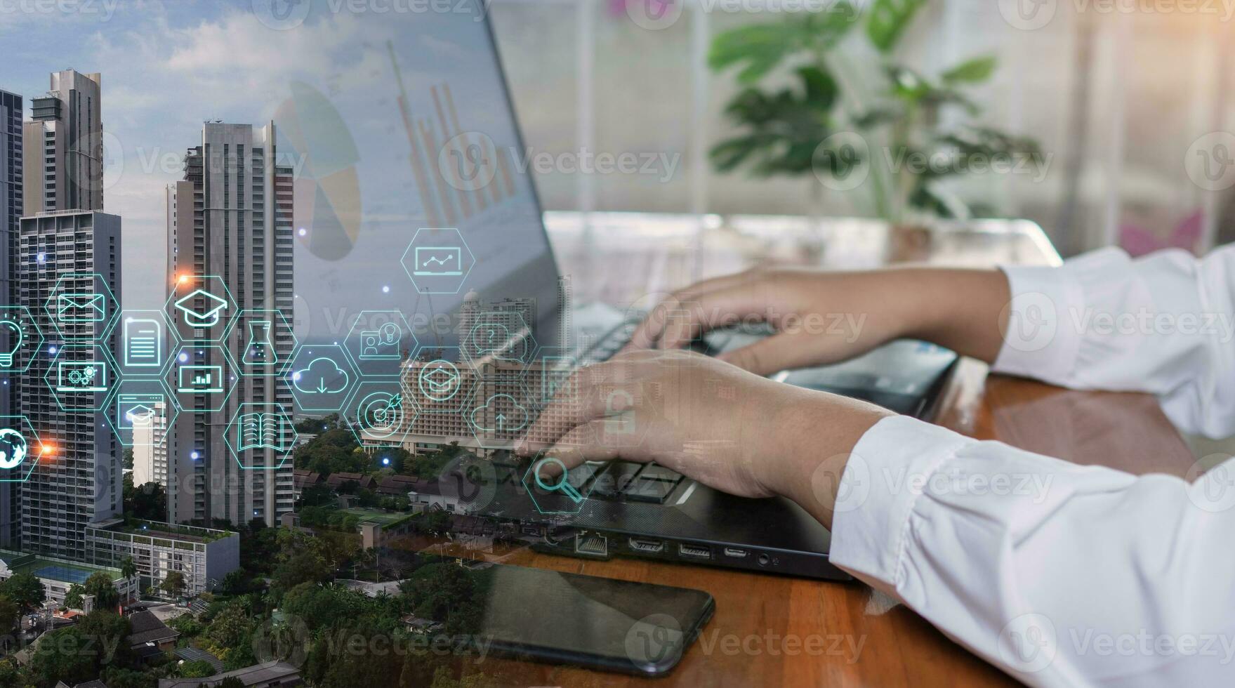 Human hand working on computer. business concept and communication technology photo