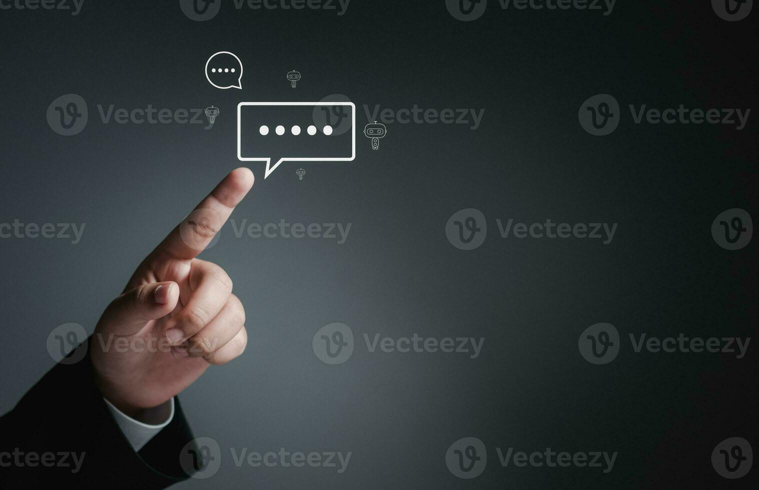 Businessman hand pointing at chat icon on digital web communication application and social network concept. social media application chat box photo