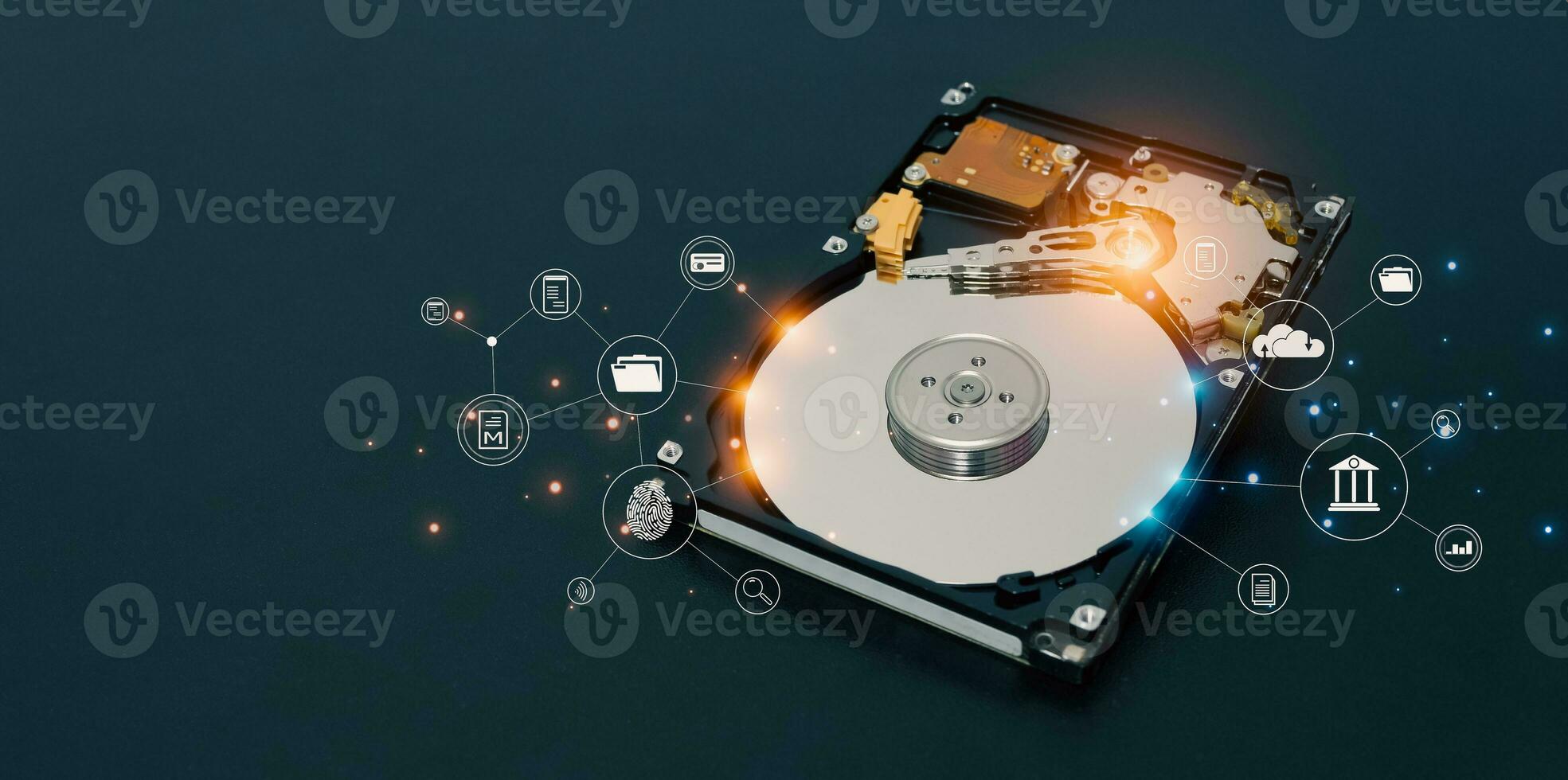 Hard drives are important storage devices. Business information. Document information. The concept of protecting data with security photo