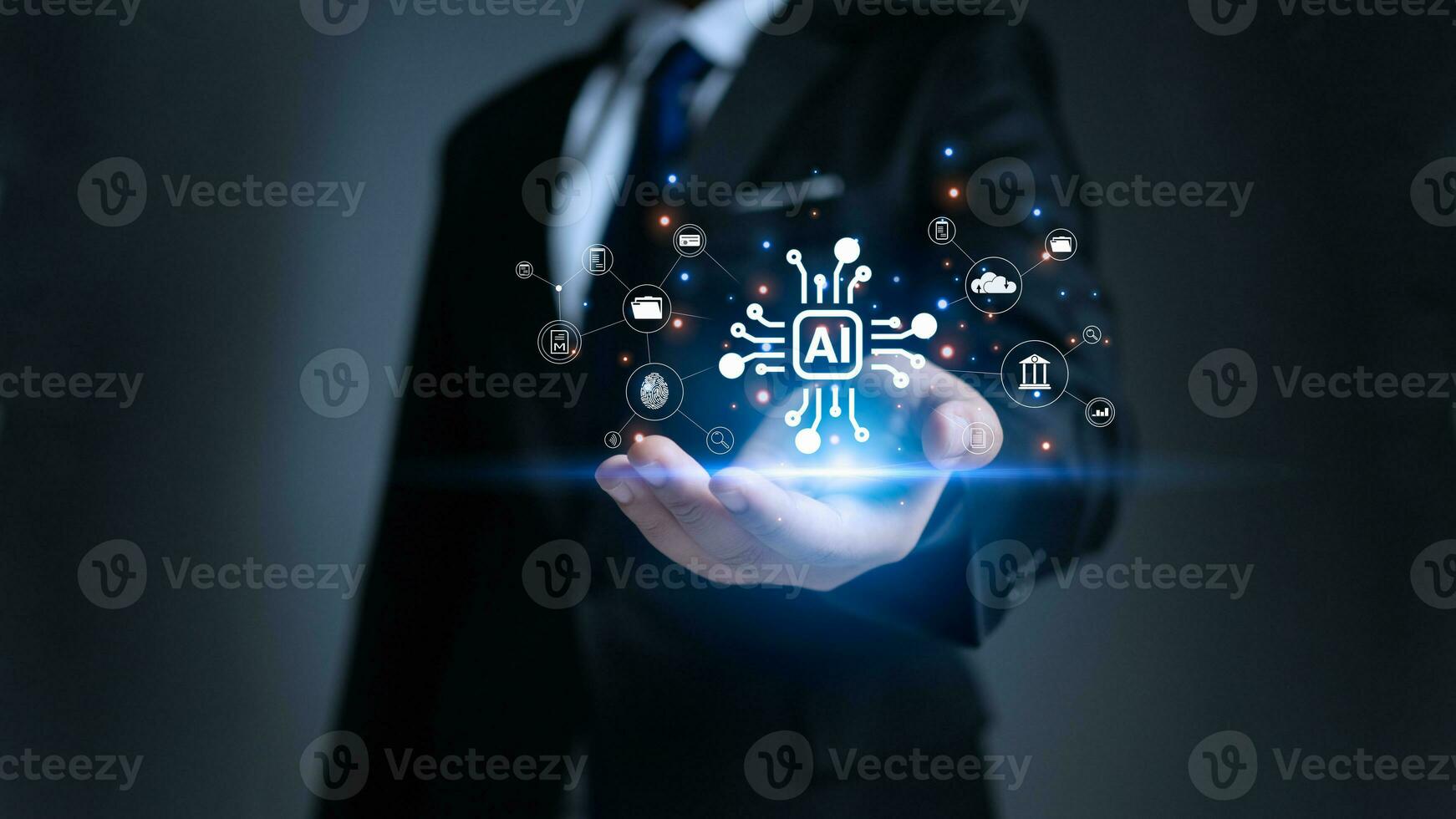 AI, symbol, artificial intelligence of future technology. Businessman holding a computer AI network model in business analysis photo