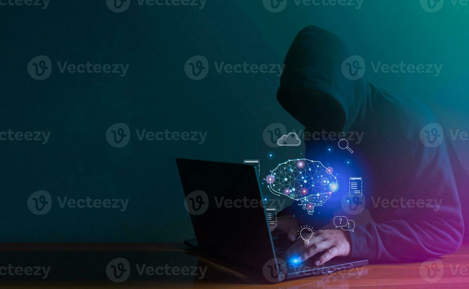 Hackers are stealing data from internet network using AI. Data protection concept, illegal use of AI photo