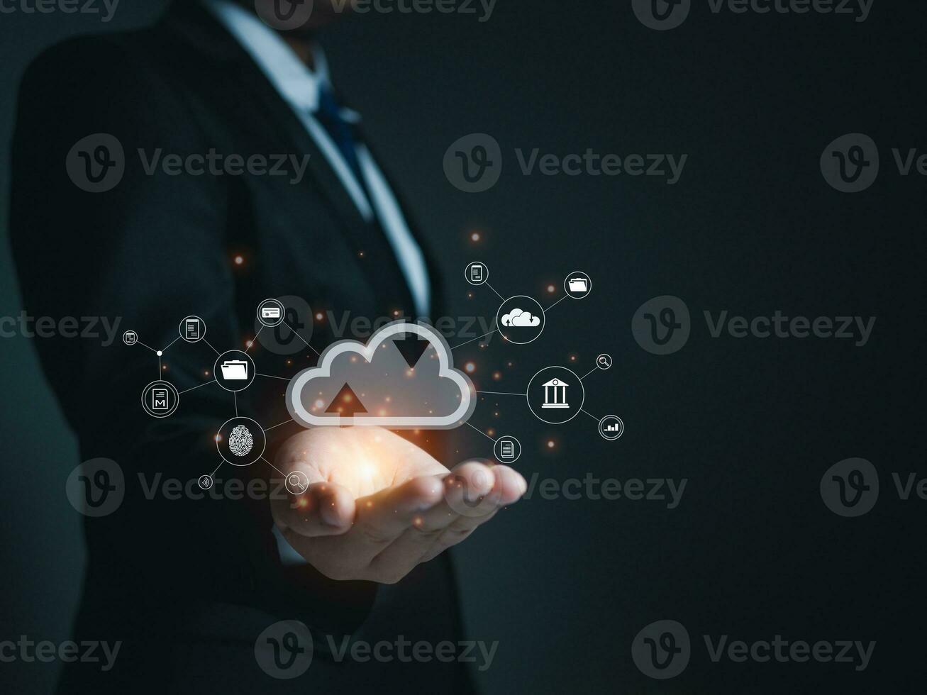 Businessman holding cloud icon. Cloud computing concept, connect communication equipment  information and technology with cloud computing. photo