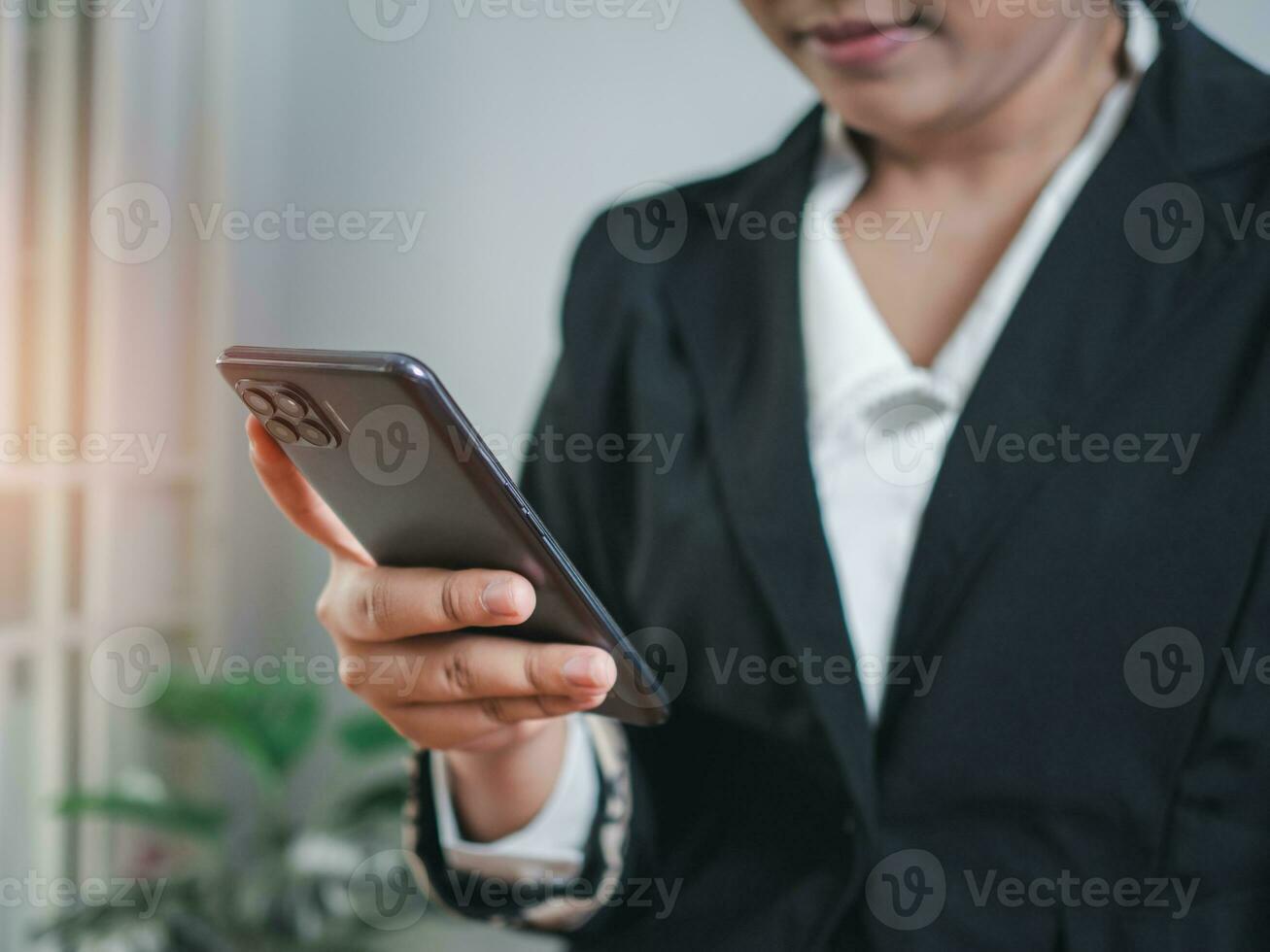 Business woman hand using smartphone typing live chat chatting on application communication digital web and social network concept. Social media application chat box. photo
