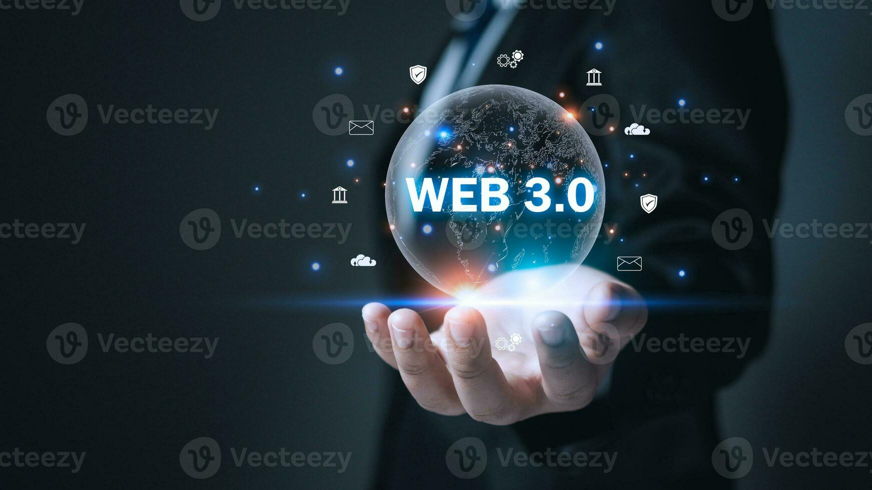 web 3.0 concepto con empresario en traje en degradado antecedentes. tecnología y web concepto 3.0. tecnología global red. sitio web Internet desarrollo. foto