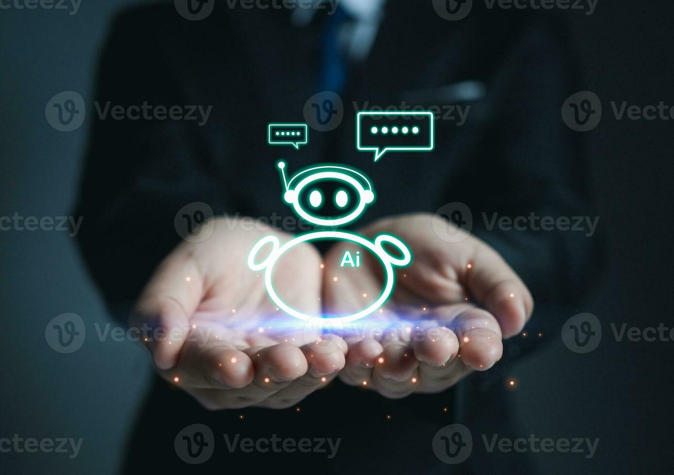 Businessman hand holding an AI model. Show chat with ai system. Concept of network communication. chat bot concept. photo