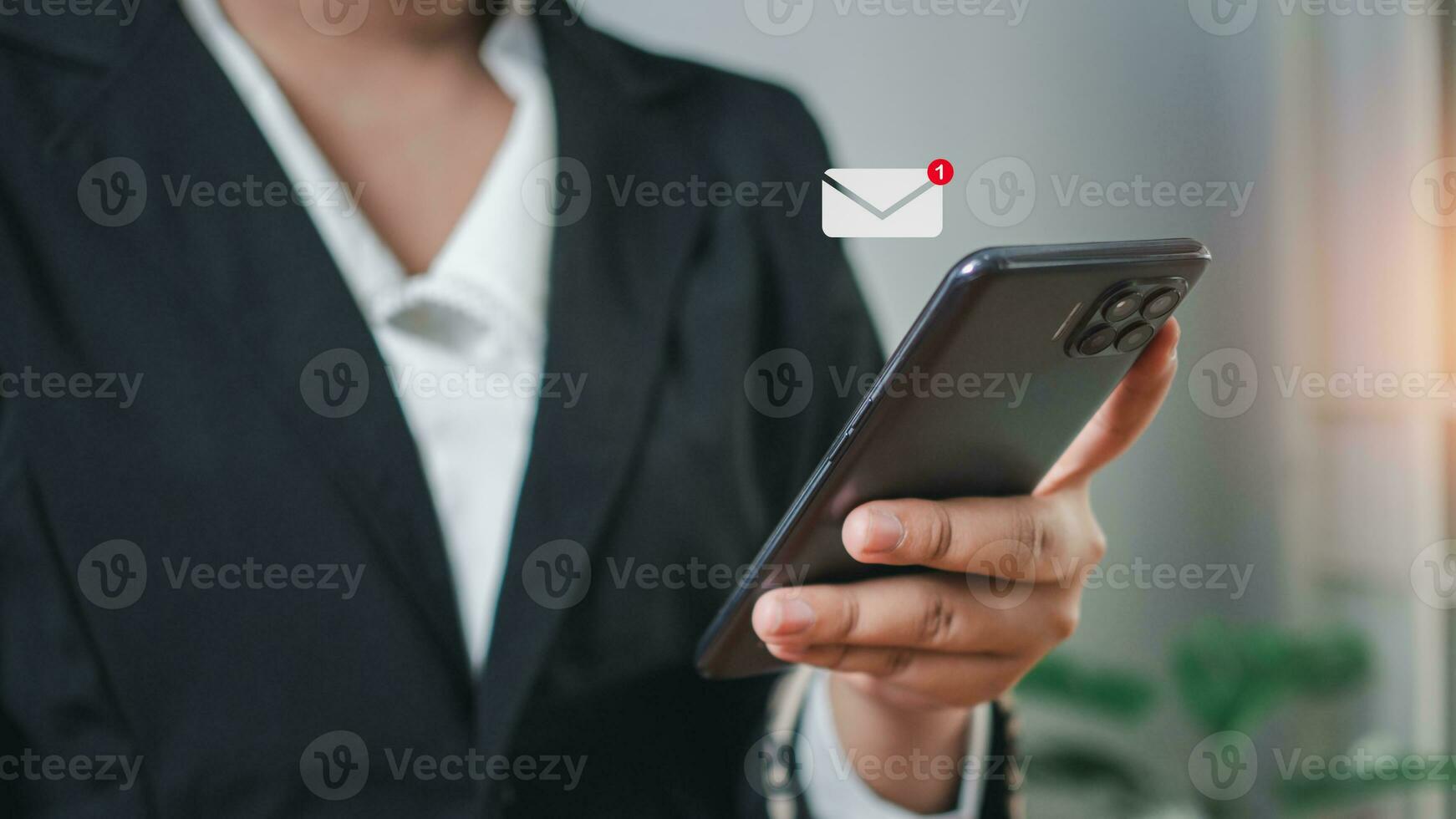 Business woman hand using smartphone  application communication . New email notification concept for business email communication and digital marketing. photo