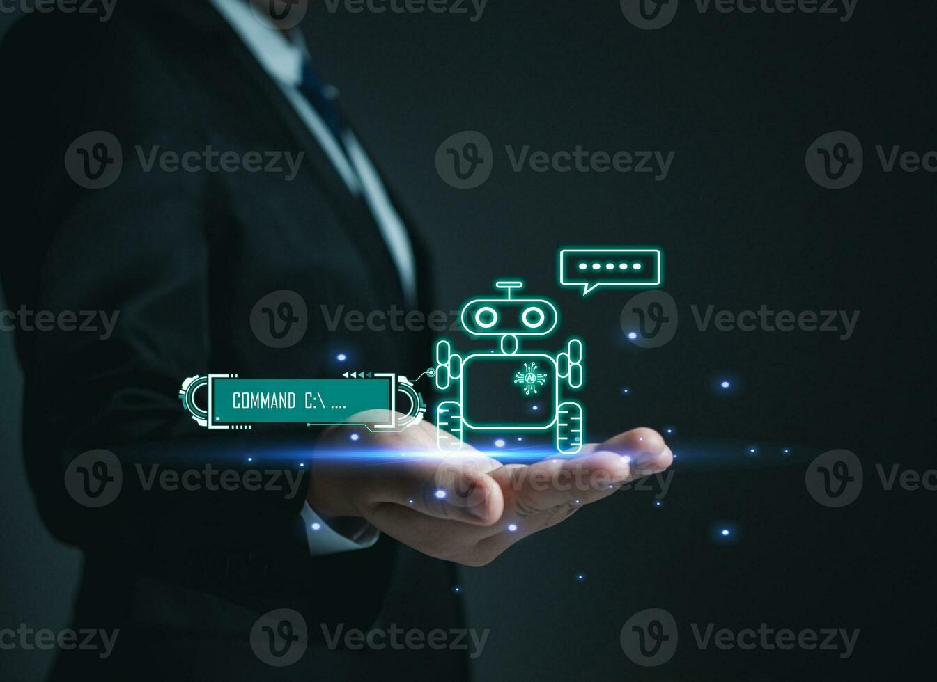 Businessman hand holding an AI model. Show chat with ai system. Concept of network communication. chat bot concept. photo