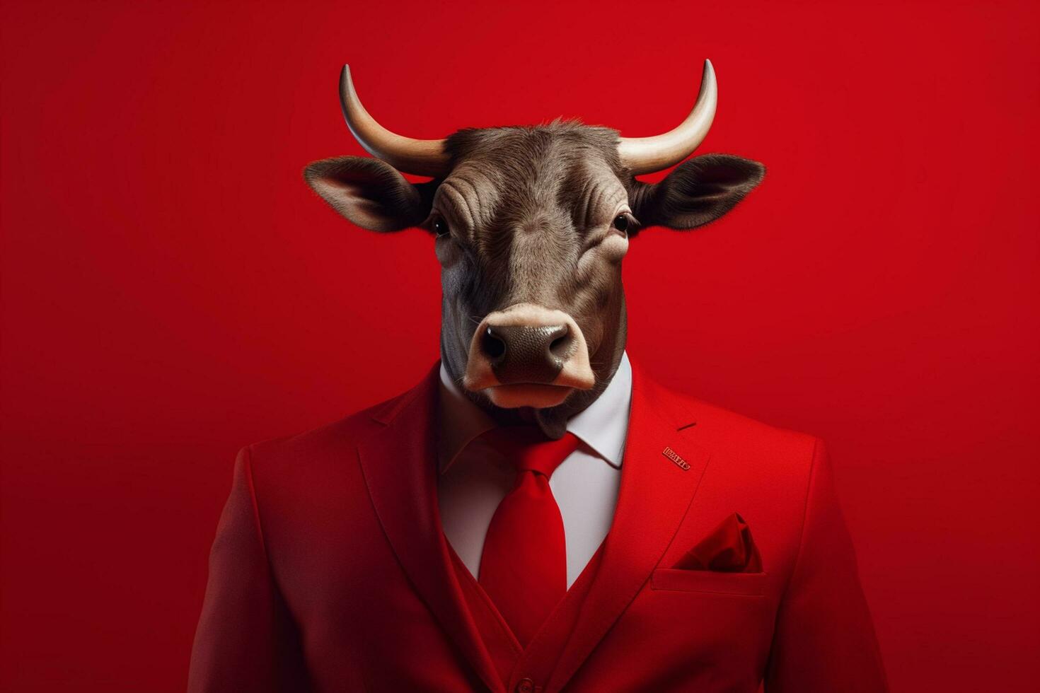 Portrait of a cow in a red suit and a red tie on a red background photo