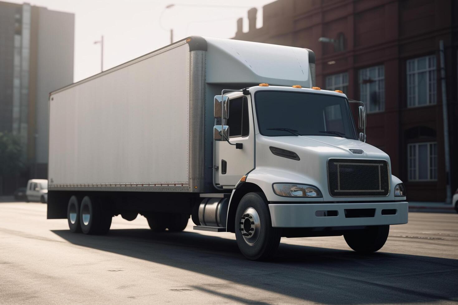 White truck on the road in the city. Freight transportation. photo