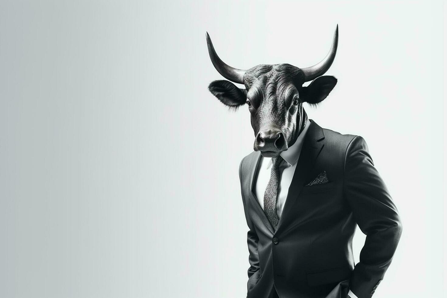 Businessman in a suit with a bull head on a white background ai photo