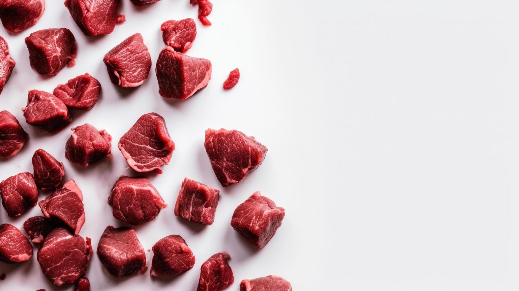 Raw beef meat on white background. Top view. Copy space. photo