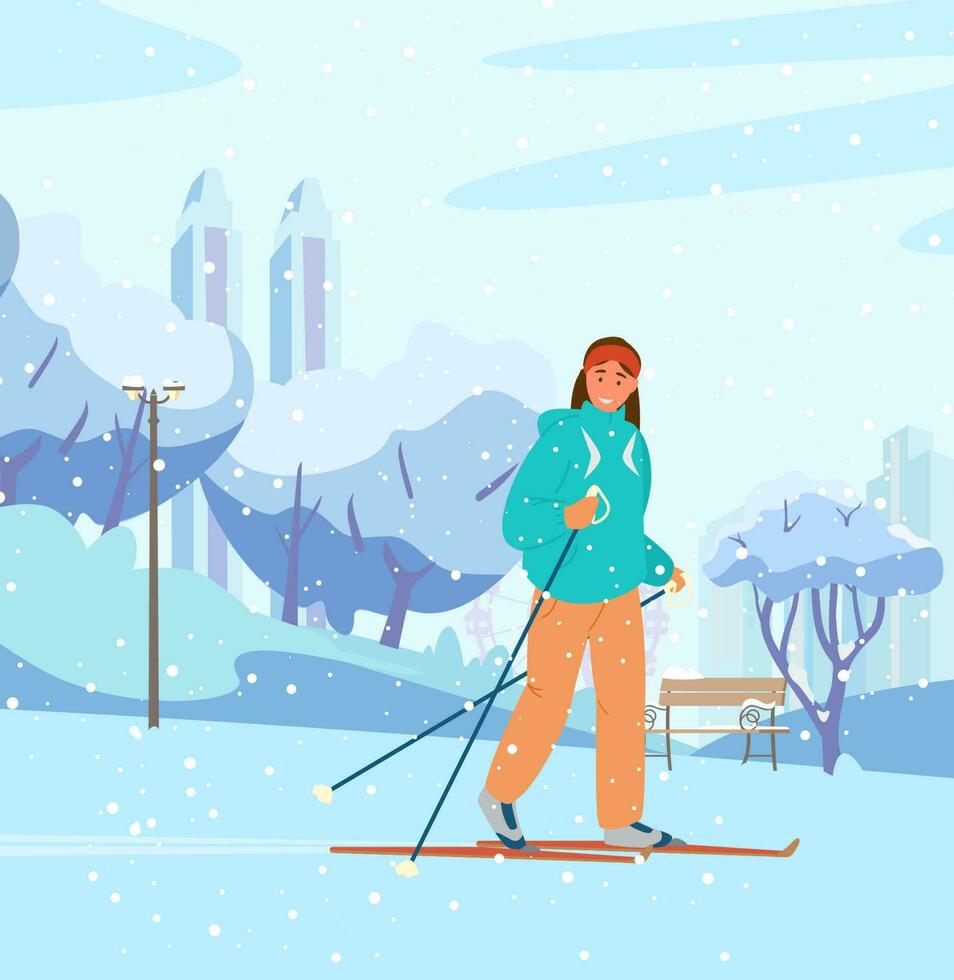 Young Woman Skiing In Winter Park. Snowy Public Garden With Bench, Trees, Cityscape At The Background. Flat Vector Illustration.