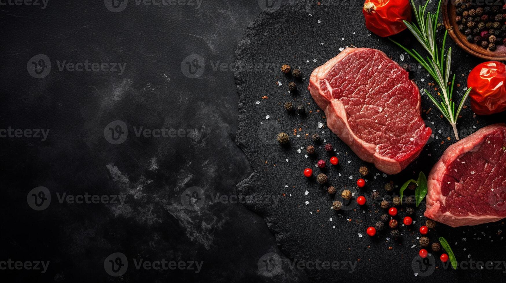 Raw beef steak with spices and herbs on black background, top view photo