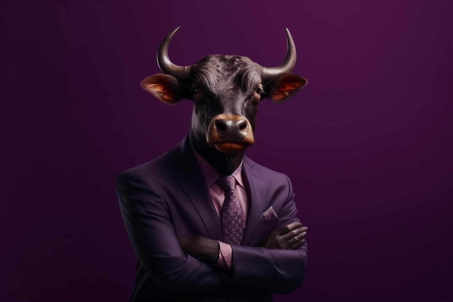 Businessman in a suit with horns on a purple background. Business concept. photo