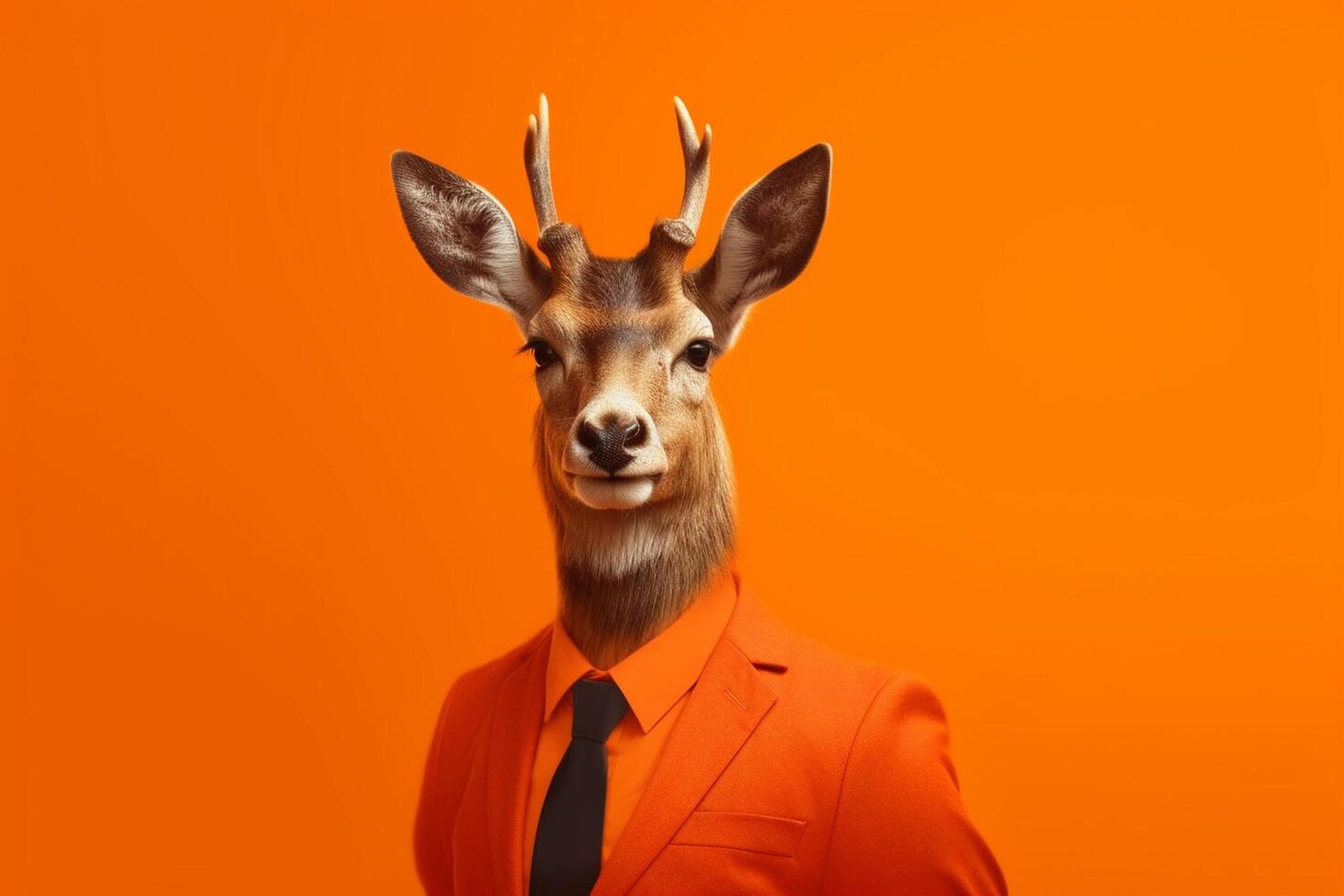 portrait of a young deer in a suit on orange background business and fashion concept photo